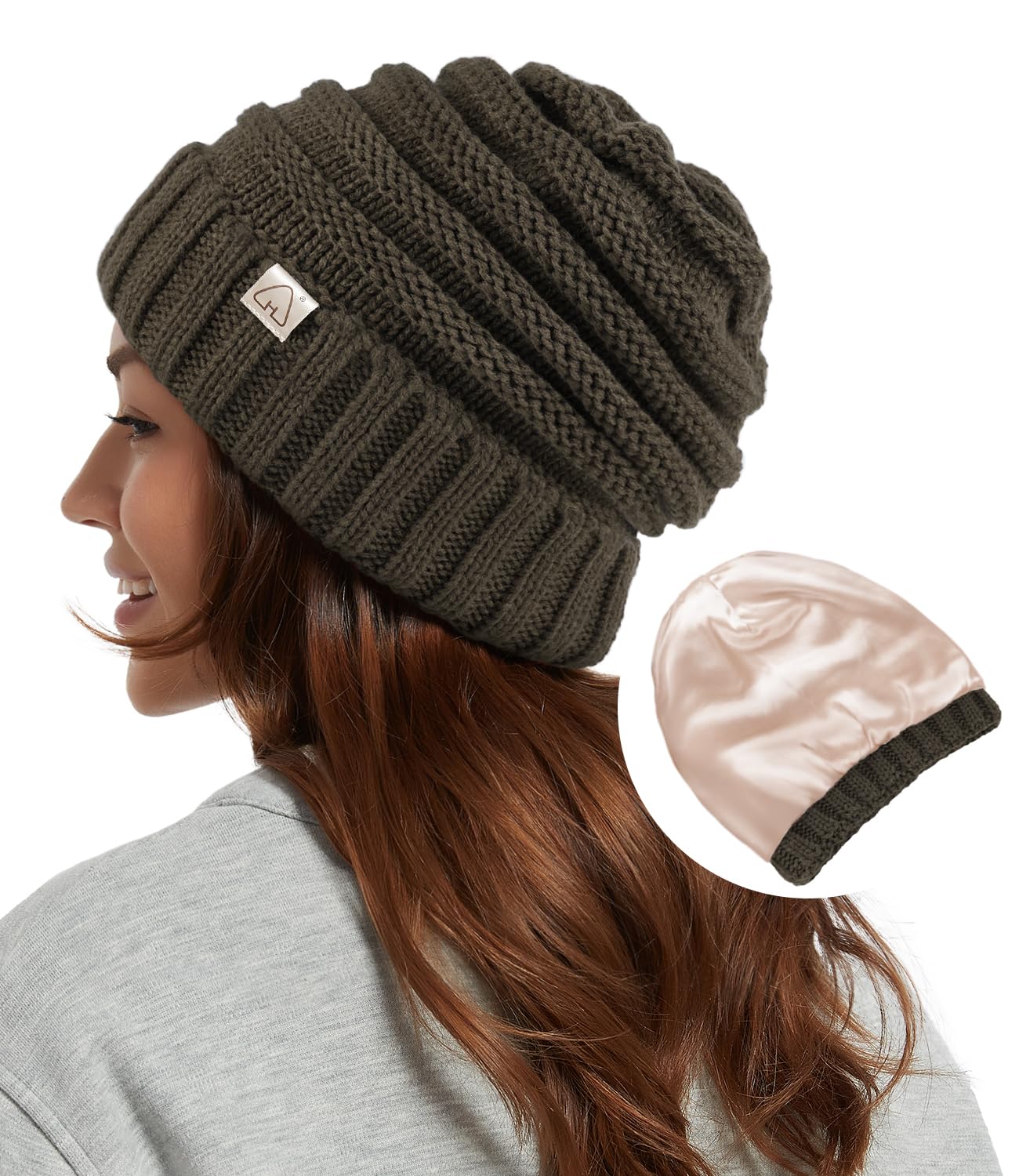 Hat Hut Womens Satin Lined Beanie Winter Hats with Silk Lining for Hair Slouchy Beanie Soft Warm Cable Knit Winter Hat
